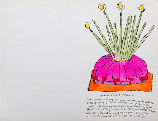 Salade de Alf Landon is an offset lithograph with hand-colouring by Andy Warhol from 'Wild Raspberries, published in 1959.