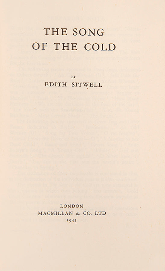 First edition of The Song of the Cold by Edith Sitwell, inscribed by the author to Georgia Sitwell.
