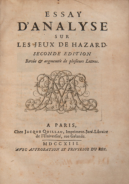 Second edition of Essay d'analyse sur les jeux de hazard, Montmort's pioneering work on probability theory. 