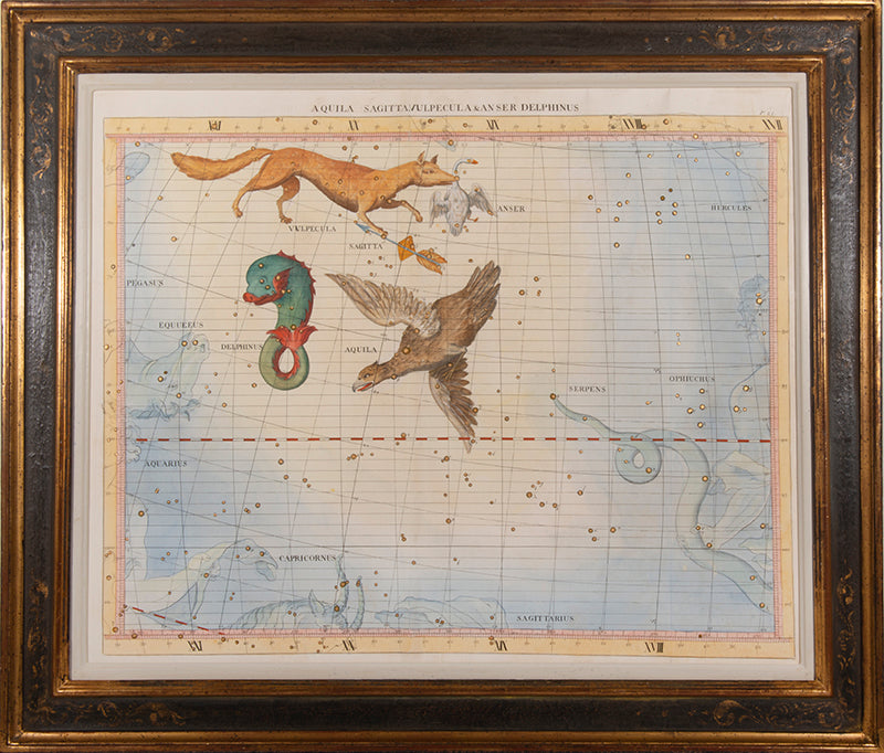 Hand-coloured star chart of Aquila Sagitta.Vulpecula & Anser Delphinus,engraved by John Mynde, from Flamsteed's Atlas Coelestis.