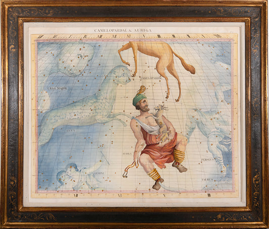 Hand-coloured star chart of Camelopardal & Auriga, engraved by John Mynde, from Flamsteed's Atlas Coelestis.