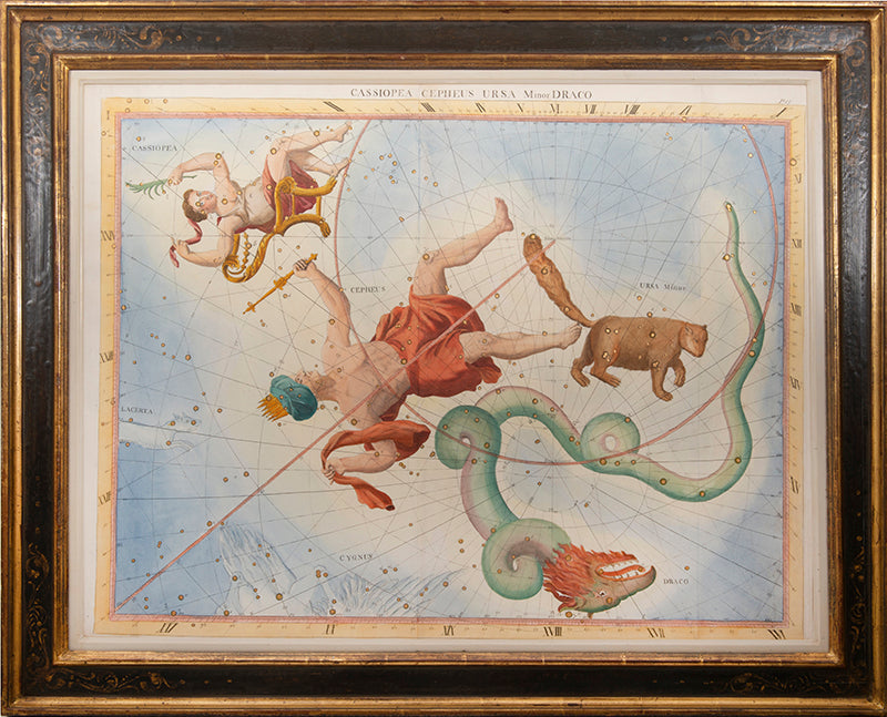 Hand-coloured star chart of Cassiopea Cephus Ursa Minor Draco, engraved by John Mynde, from Flamsteed's Atlas Coelestis.
