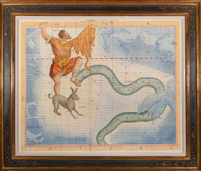 Hand-coloured star chart of Eridanus Orion Lepus, engraved by John Mynde, from Flamsteed's Atlas Coelestis.