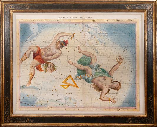 Hand-coloured star chart of Andromeda Perseus Triangulum, engraved by John Mynde, from Flamsteed's Atlas Coelestis.