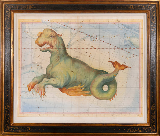 Hand-coloured star chart of Cetus, engraved by John Mynde, from Flamsteed's Atlas Coelestis.