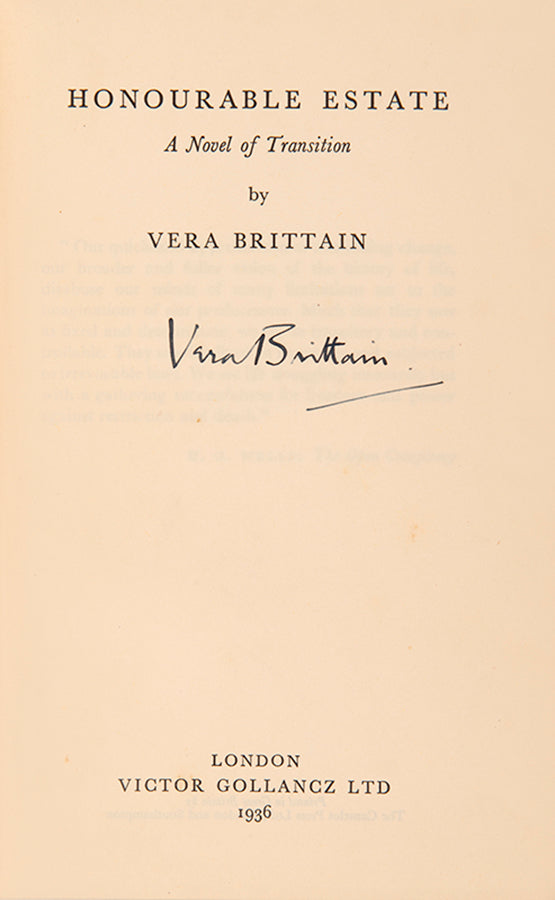 A signed copy of Honourable Estate by the great Vera Brittain published in London in 1936.
