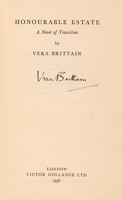 A signed copy of Honourable Estate by the great Vera Brittain published in London in 1936.
