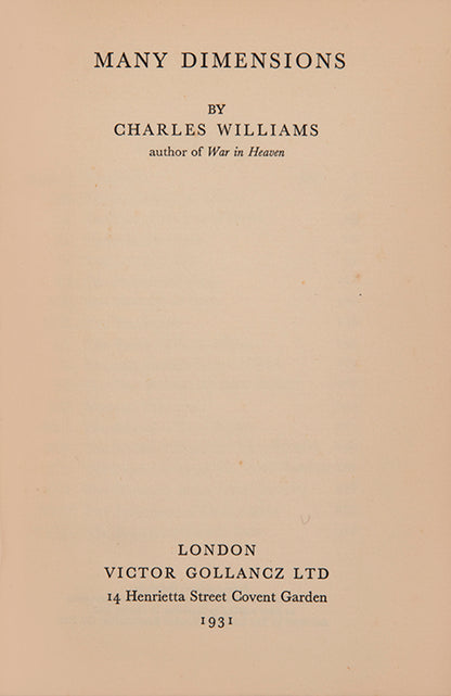 Inscribed first edition of Many Dimensions by Charles Williams, published in London in 1931.