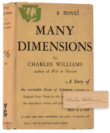Inscribed first edition of Many Dimensions by Charles Williams, published in London in 1931.