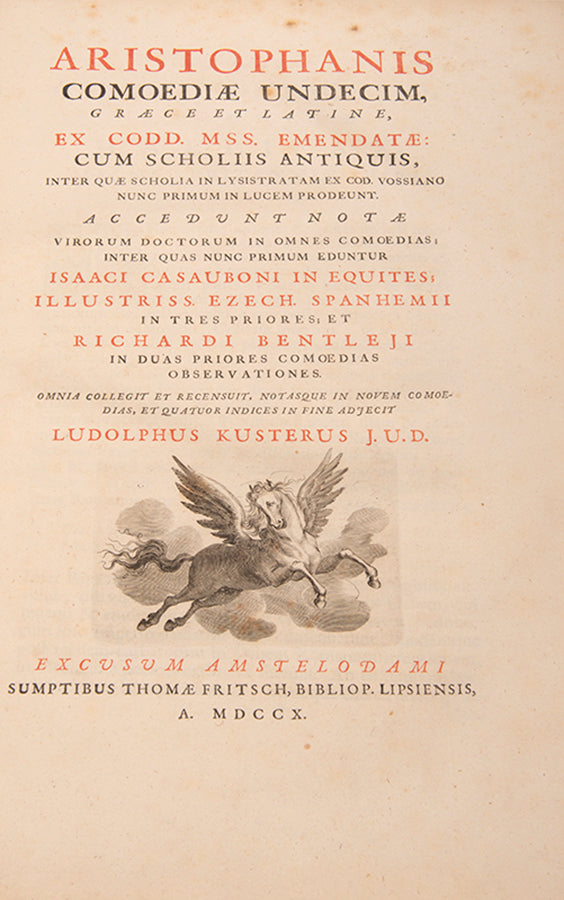 A finely bound example of the 1710 edition of the eleven extant comedies of Aristophanes, printed in Greek and Latin.