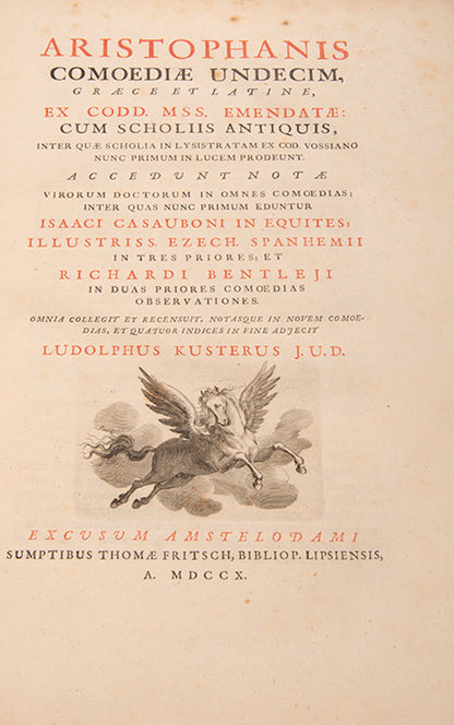 A finely bound example of the 1710 edition of the eleven extant comedies of Aristophanes, printed in Greek and Latin.