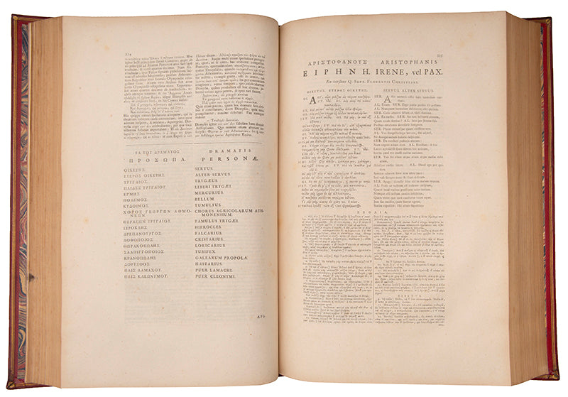 A finely bound example of the 1710 edition of the eleven extant comedies of Aristophanes, printed in Greek and Latin.