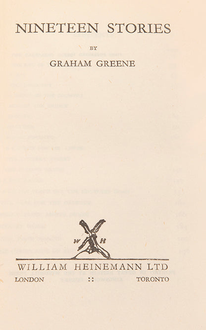 First edition of Nineteen Stories by Graham Greene in the unclipped dustjacket.  A post-war collection of stories, uncommon in the dustjacket.