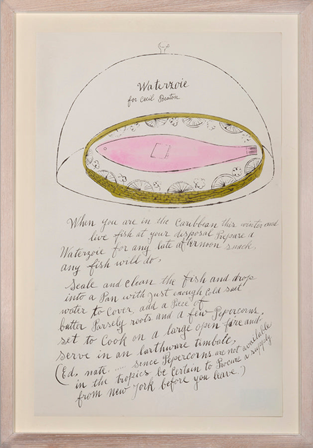 Waterzoie is an offset lithograph with hand-colouring from Andy Wahol's Wild Raspberries published in 1959.