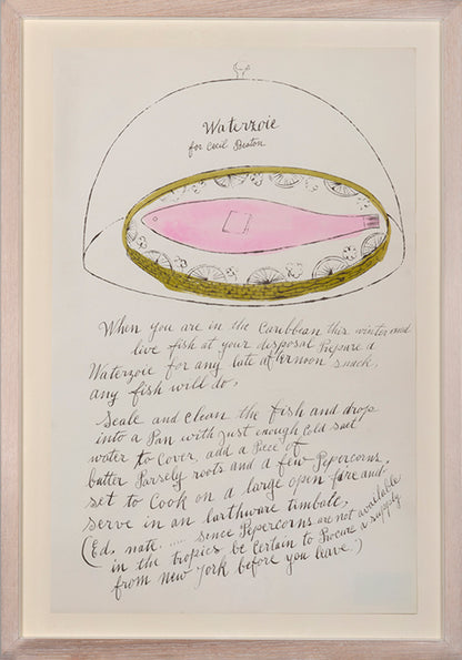 Waterzoie is an offset lithograph with hand-colouring from Andy Wahol's Wild Raspberries published in 1959.