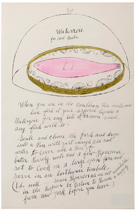 Waterzoie is an offset lithograph with hand-colouring from Andy Wahol's Wild Raspberries published in 1959.