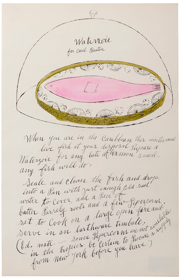 Waterzoie is an offset lithograph with hand-colouring from Andy Wahol's Wild Raspberries published in 1959.