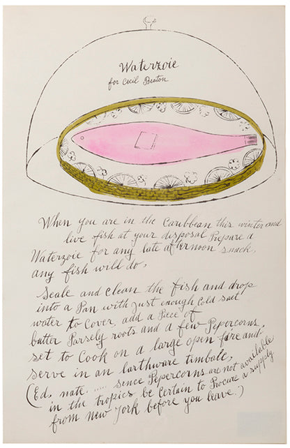 Waterzoie is an offset lithograph with hand-colouring from Andy Wahol's Wild Raspberries published in 1959.