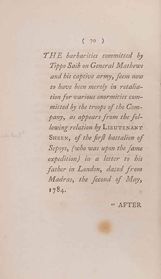 Henry Oakes' eyewitness Narrative of the Treatment of the English following the British defeat at Bednore in 1783, appendix with Lieutenant Sheen's letter