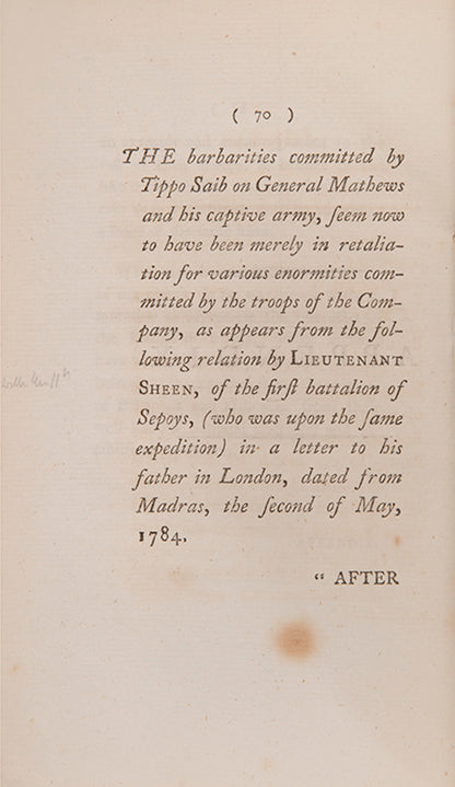 Henry Oakes' eyewitness Narrative of the Treatment of the English following the British defeat at Bednore in 1783, appendix with Lieutenant Sheen's letter
