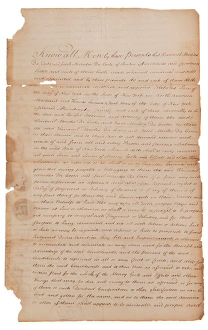 A power of attorney appointing New York based merchants to handle the business affairs of the Mendes da Costa family in America, 1785, signed
