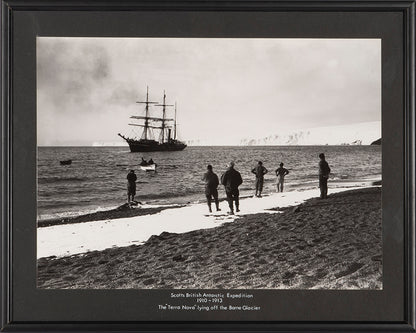 Classic Herbert Ponting photograph from Captain Scott's Terra Nova expedition (1910-1913), showing the Terra Nova lying off the Barne Glacier.