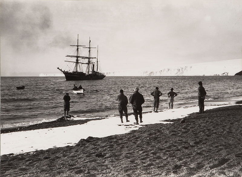 Classic Herbert Ponting photograph from Captain Scott's Terra Nova expedition (1910-1913), showing the Terra Nova lying off the Barne Glacier.