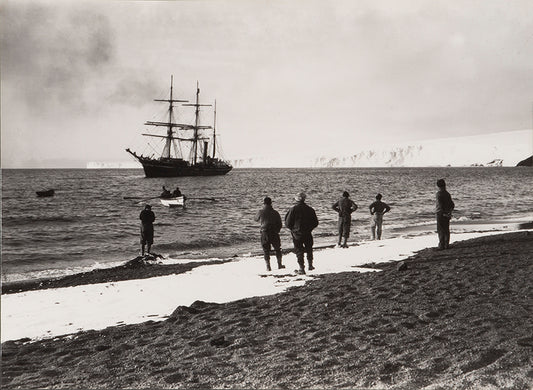 Classic Herbert Ponting photograph from Captain Scott's Terra Nova expedition (1910-1913), showing the Terra Nova lying off the Barne Glacier.
