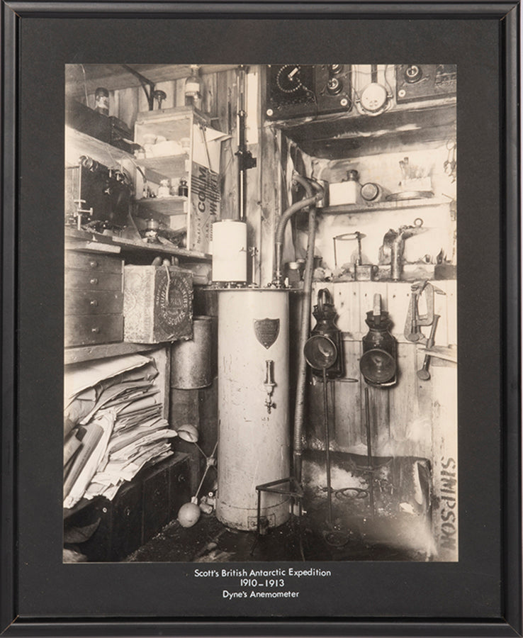 Classic Herbert Ponting photograph from Captain Scott's Terra Nova expedition (1910-1913), showing Dyne's anemomenter in Simpson's laboratory.