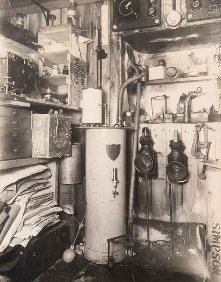 Classic Herbert Ponting photograph from Captain Scott's Terra Nova expedition (1910-1913), showing Dyne's anemomenter in Simpson's laboratory.