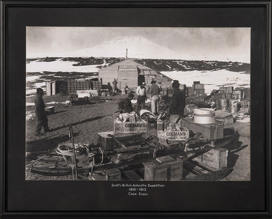 Classic photograph from Captain Scott's Terra Nova expedition (1910-1913) by Herbert Ponting, showing the hut at Cape Evans.