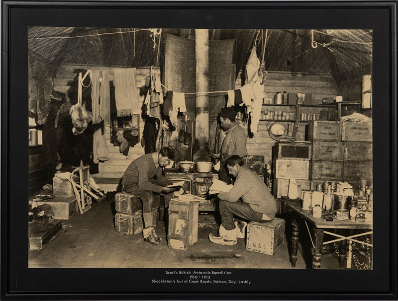 Classic Herbert Ponting photograph from Captain Scott's Terra Nova expedition (1910-1913), showing Nelson, Day and Lashly at Shackleton's hut.