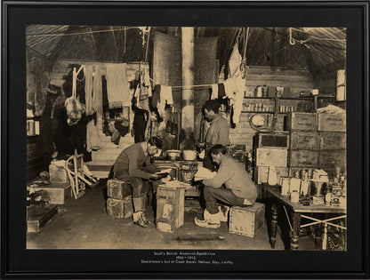 Classic Herbert Ponting photograph from Captain Scott's Terra Nova expedition (1910-1913), showing Nelson, Day and Lashly at Shackleton's hut.