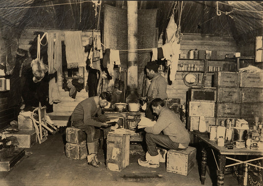 Classic Herbert Ponting photograph from Captain Scott's Terra Nova expedition (1910-1913), showing Nelson, Day and Lashly at Shackleton's hut.