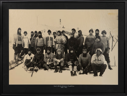 Classic Herbert Ponting photograph from Captain Scott's Terra Nova expedition (1910-1913), showing the Shore Party other than Clissold and Ponting.