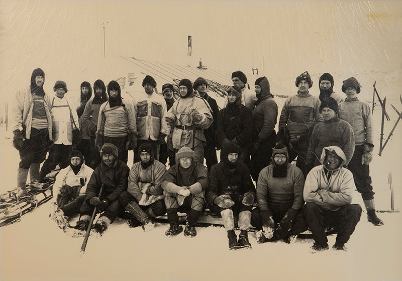 Classic Herbert Ponting photograph from Captain Scott's Terra Nova expedition (1910-1913), showing the Shore Party other than Clissold and Ponting.