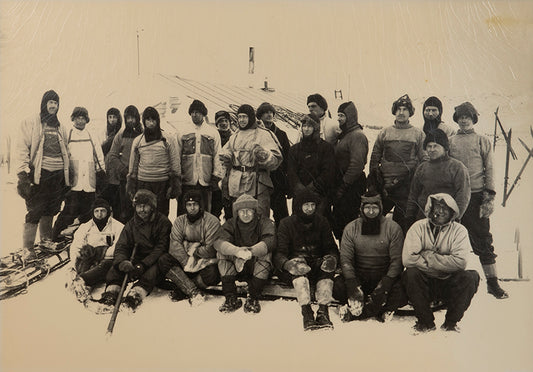 Classic Herbert Ponting photograph from Captain Scott's Terra Nova expedition (1910-1913), showing the Shore Party other than Clissold and Ponting.