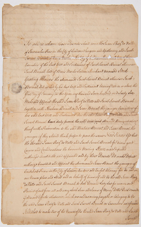 A power of attorney relating to the will of Jacob Israel Bernal, a merchant and patriarch of the Sephardi family who settled in London in the 18th century.