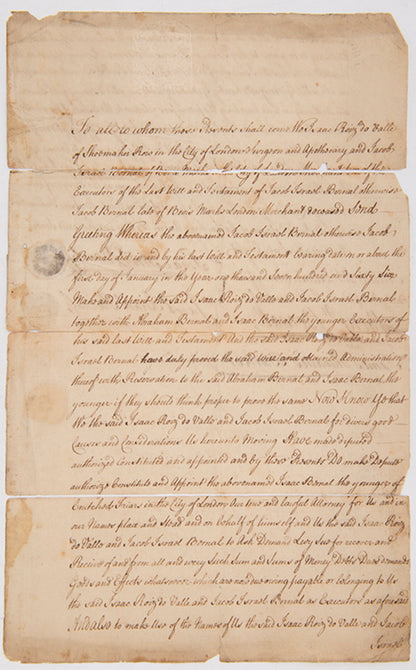 A power of attorney relating to the will of Jacob Israel Bernal, a merchant and patriarch of the Sephardi family who settled in London in the 18th century.