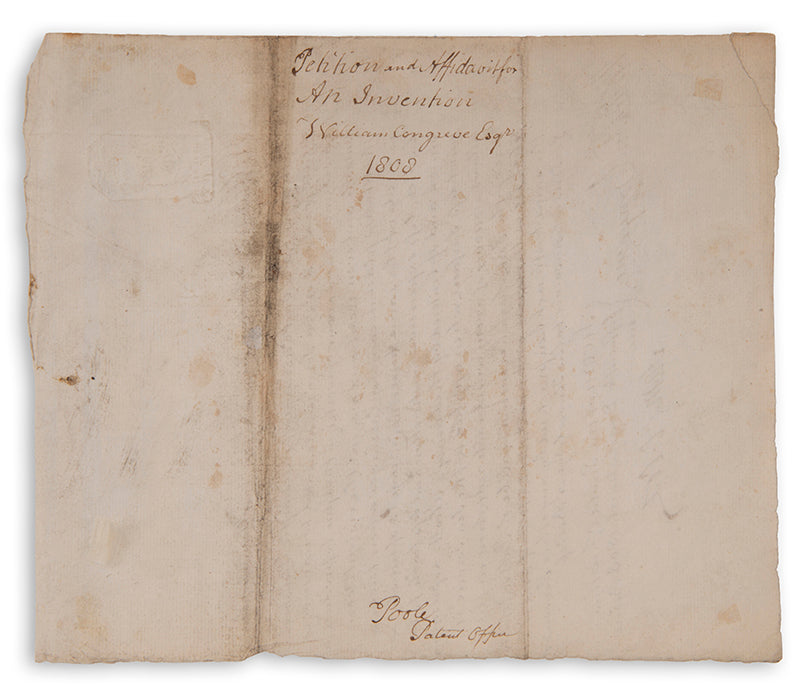 A signed and dated affidavit to patent the invention of a gun carriage by the military technologist Sir William Congreve, comptroller of the royal arsenal.