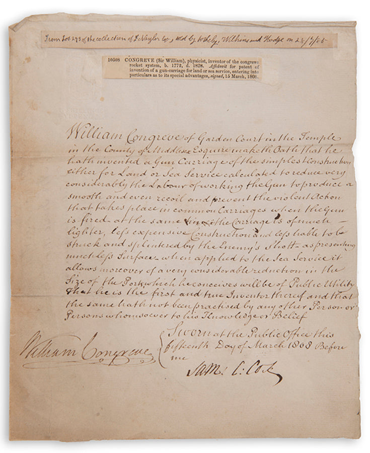 A signed and dated affidavit to patent the invention of a gun carriage by the military technologist Sir William Congreve, comptroller of the royal arsenal.