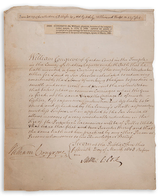 A signed and dated affidavit to patent the invention of a gun carriage by the military technologist Sir William Congreve, comptroller of the royal arsenal.