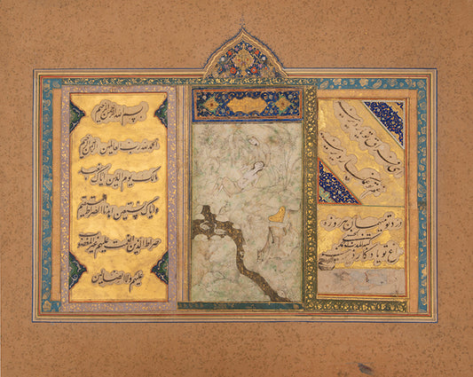A panel containing calligraphy and miniature painting of layla and majnun, original illustration c. 1820.