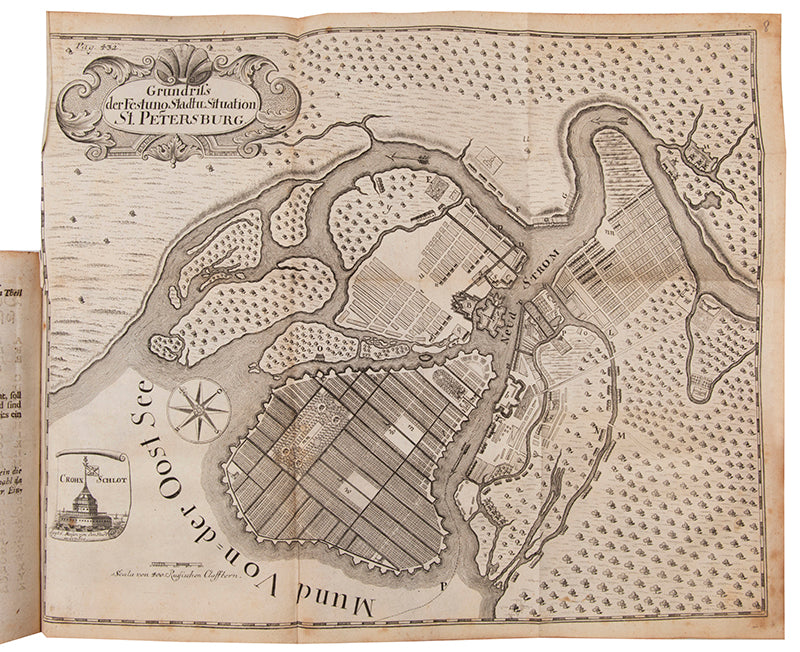 An important contemporary description of the developments of Russia under Peter the Great, with an early plan of the new city of St Petersburg.