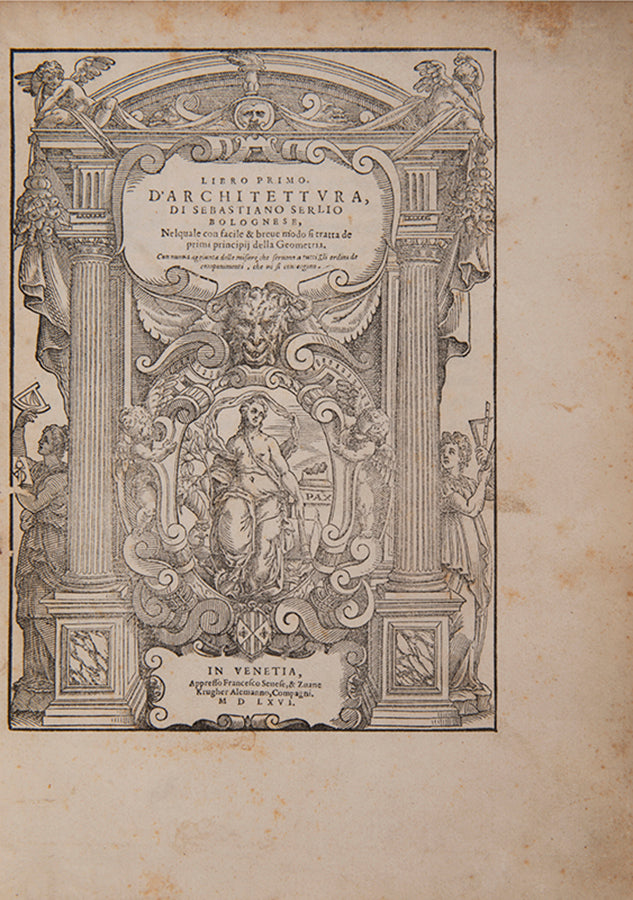The first quarto edition of Sebastiano Serlio's Libro Primo to Qvinto, bound with the Libro Estraordinario, an illustrated introduction to architecture.