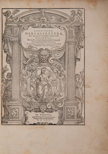 The first quarto edition of Sebastiano Serlio's Libro Primo to Qvinto, bound with the Libro Estraordinario, an illustrated introduction to architecture.