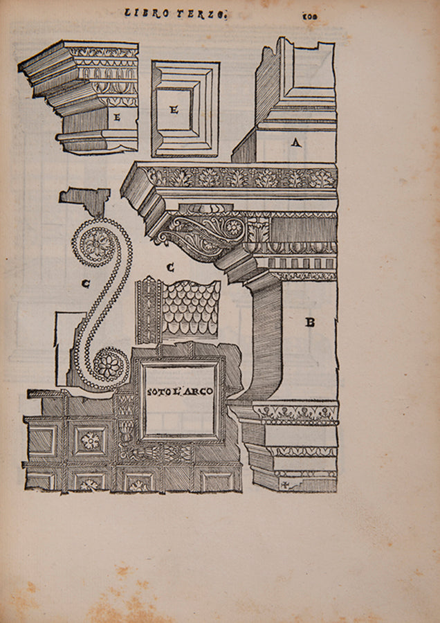 The first quarto edition of Sebastiano Serlio's Libro Primo to Qvinto, bound with the Libro Estraordinario, an illustrated introduction to architecture.