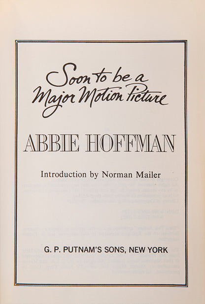 Review copy of Soon To Be A Major Motion Picture by Abbie Hoffman, inscribed by the author to John Leonard.