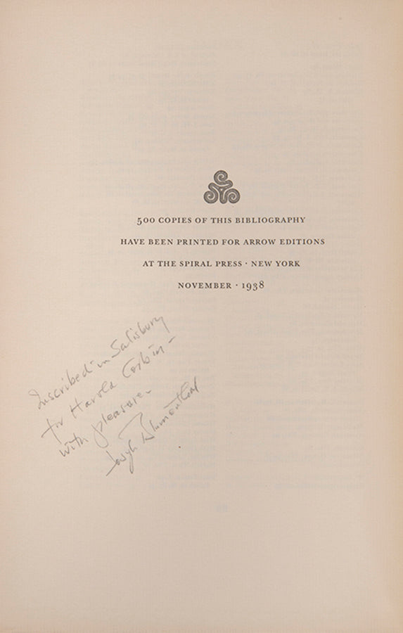 First edition of T.E. Lawrence: A Bibliography by Elizabeth W. Duval, inscribed by Joseph Blumenthal to Harold Corbin.