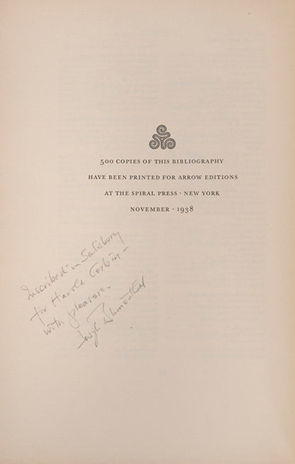 First edition of T.E. Lawrence: A Bibliography by Elizabeth W. Duval, inscribed by Joseph Blumenthal to Harold Corbin.